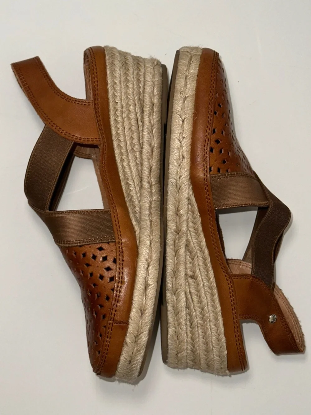 PIKOLINOS Brown Leather Wedge Elastic Espadrille Benidorm size 38 EU 7.5/8 US